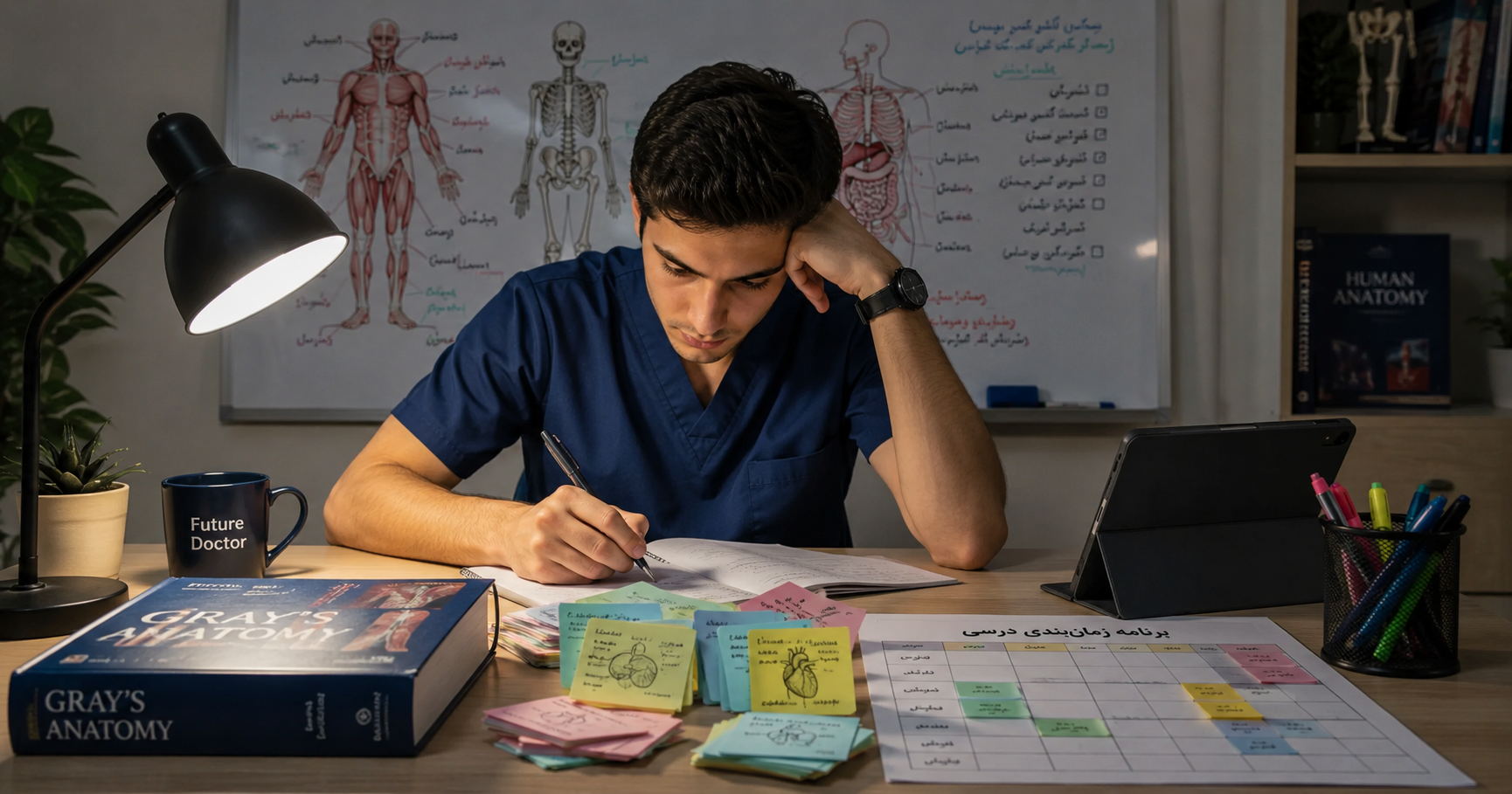 تصویر شاخص مقاله: یک دانشجوی پزشکی پشت میز مطالعه نشسته است که کتاب آناتومی، فلش‌کارت‌های رنگی و یک برنامه زمان‌بندی درسی روی میز دیده می‌شود. در پس‌زمینه، یک تخته سفید با نمودارهای بدن انسان کشیده شد